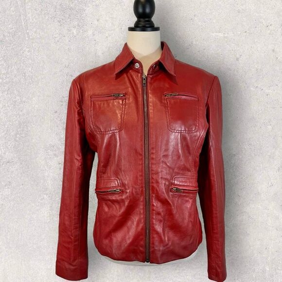 Petorucci Red Leather Jacket Full Zip Front Zippered Pockets, Size 2XL - Picture 1 of 12